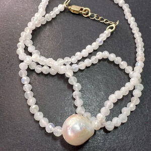 Rainbow moonstone and pearl necklace with sterling silver clasp
